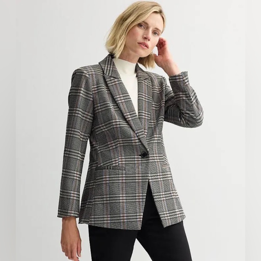 NINE WEST Tan Blue Black Glen Peak Lapel Plaid Oversized Blazer - Small